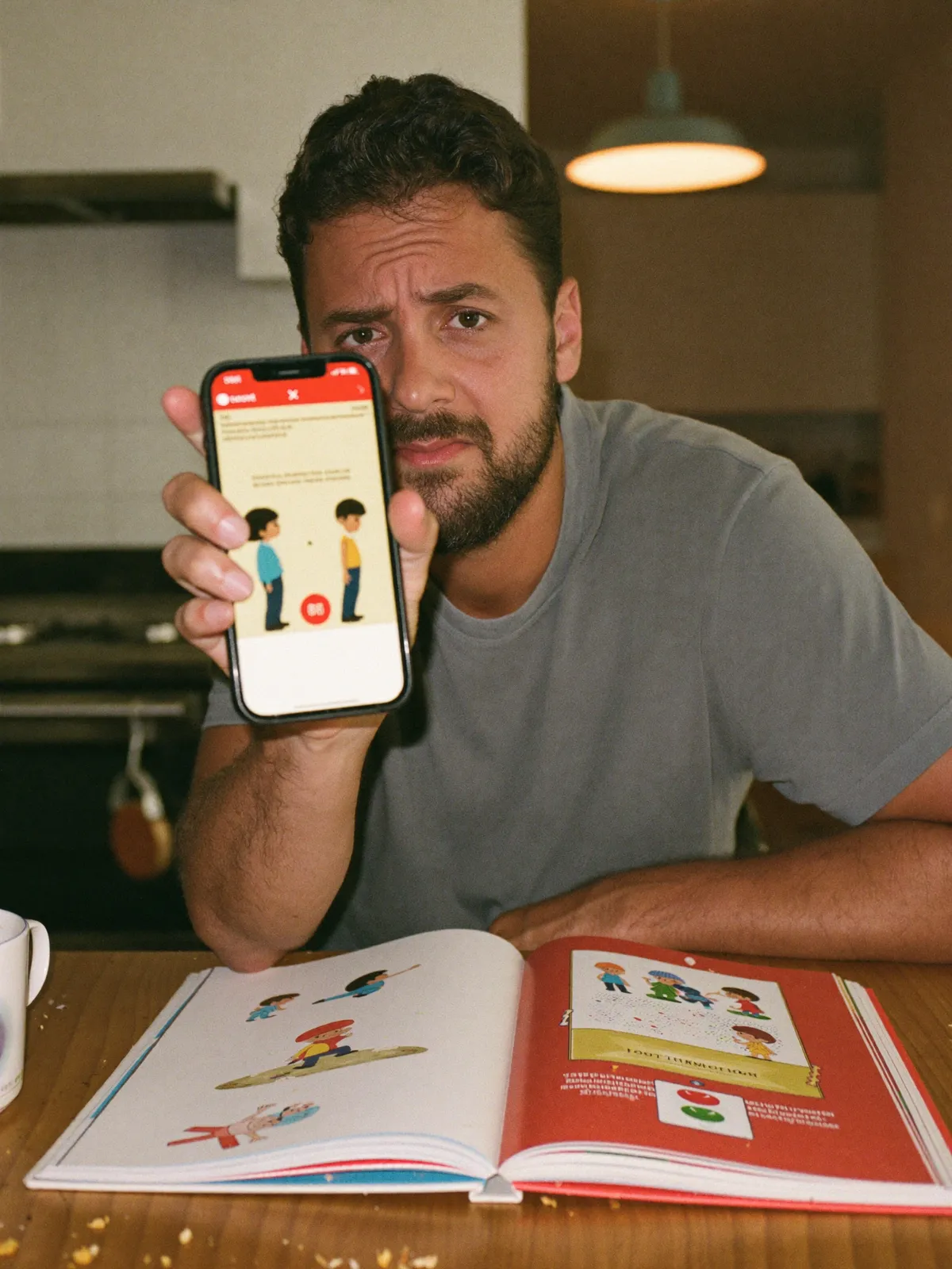 A dad at his kitchen table at night, a picture book open in front of him, reading it aloud into his phone