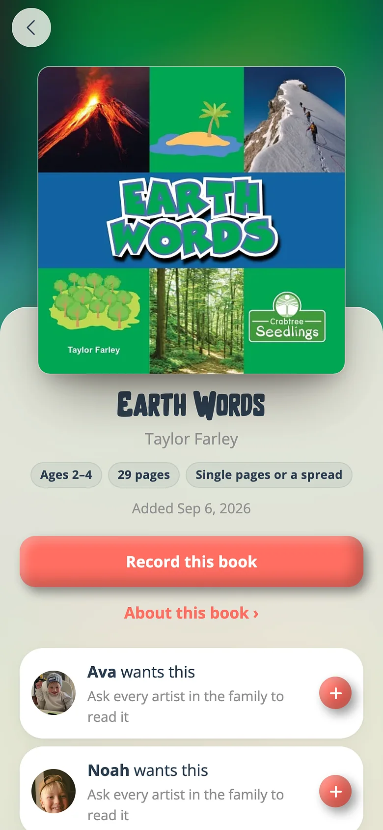 A book screen in Voicebooks with the cover, the recordings made of it and a record button