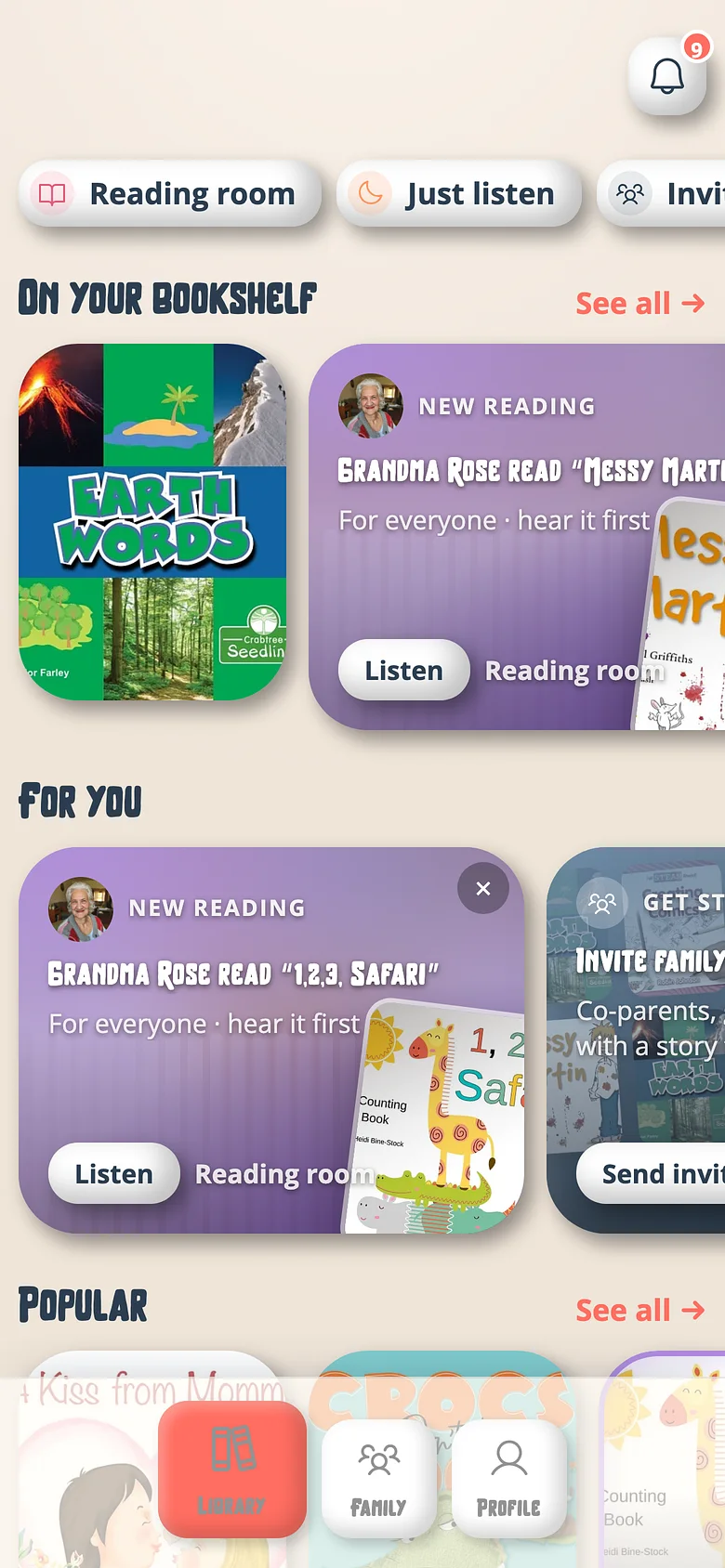The Voicebooks Library screen showing a family's recorded books and the people who read them