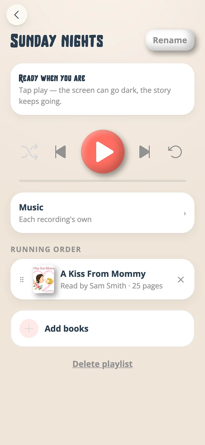 A Voicebooks playlist with its running order, play controls and music setting