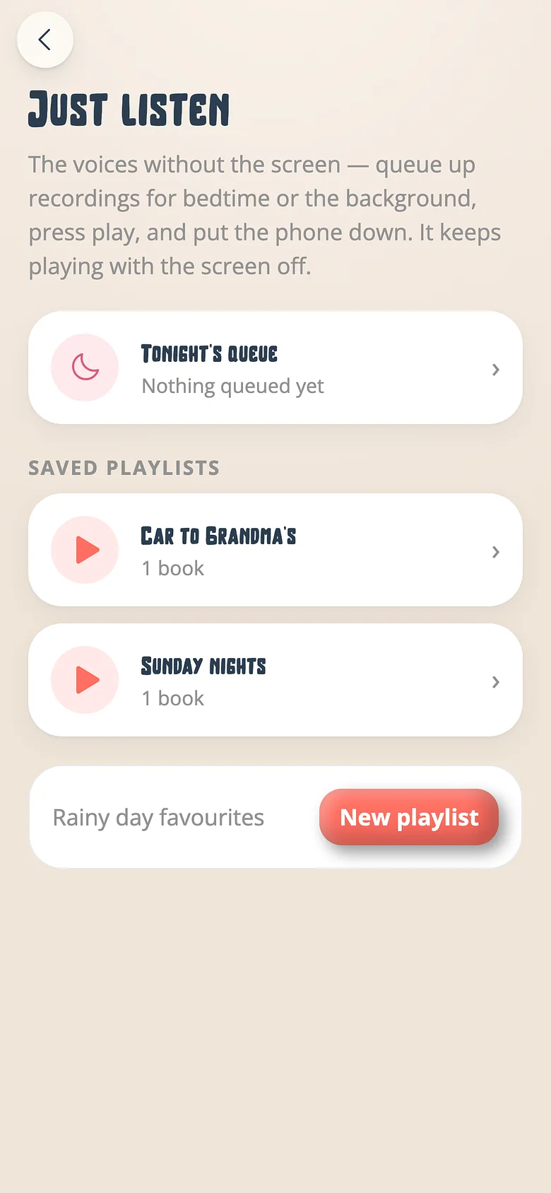 The Voicebooks playlists screen with tonight's queue and saved playlists