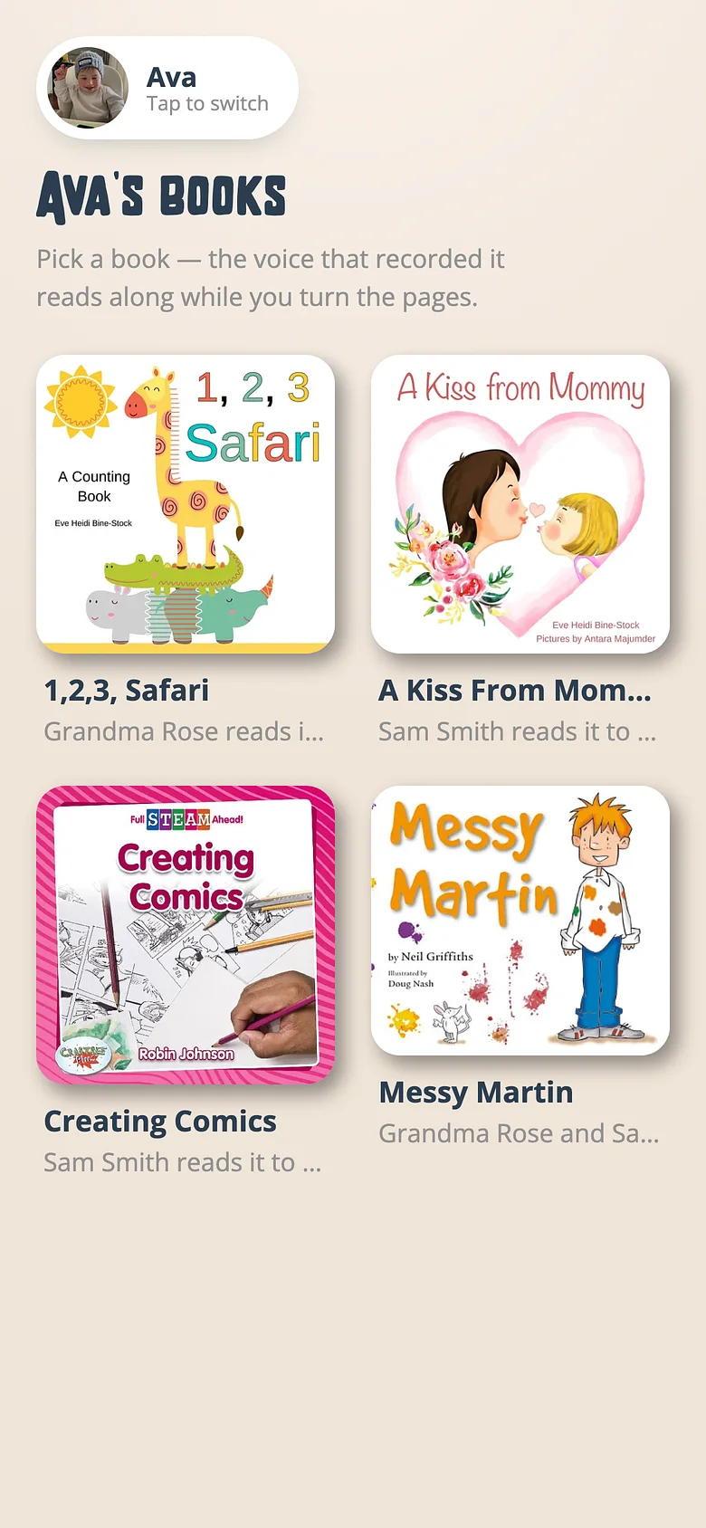 A child's shelf in Voicebooks with the books recorded for them