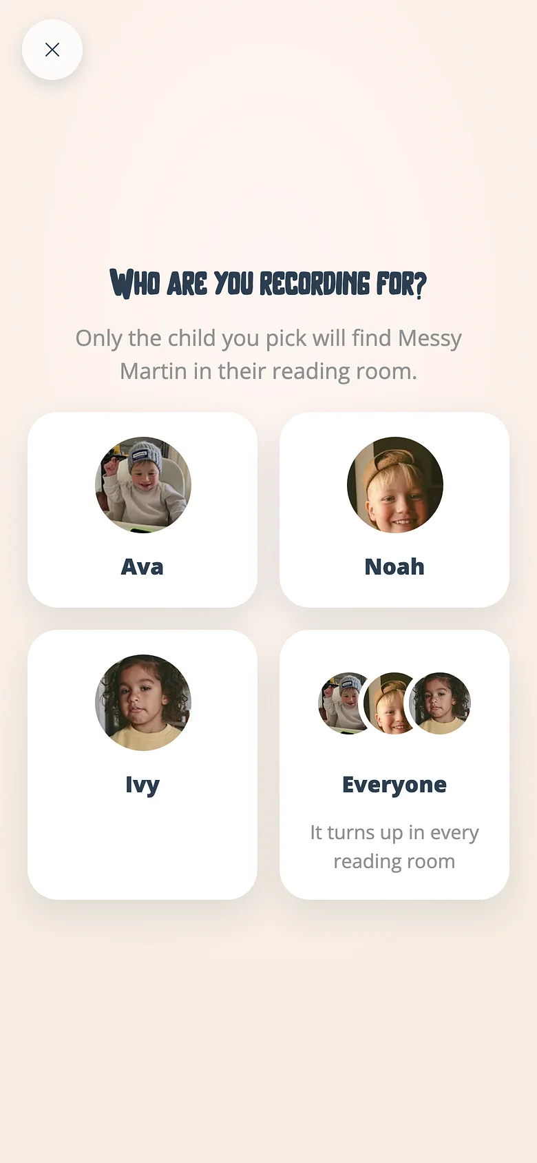 The Voicebooks studio asking which child a recording is for