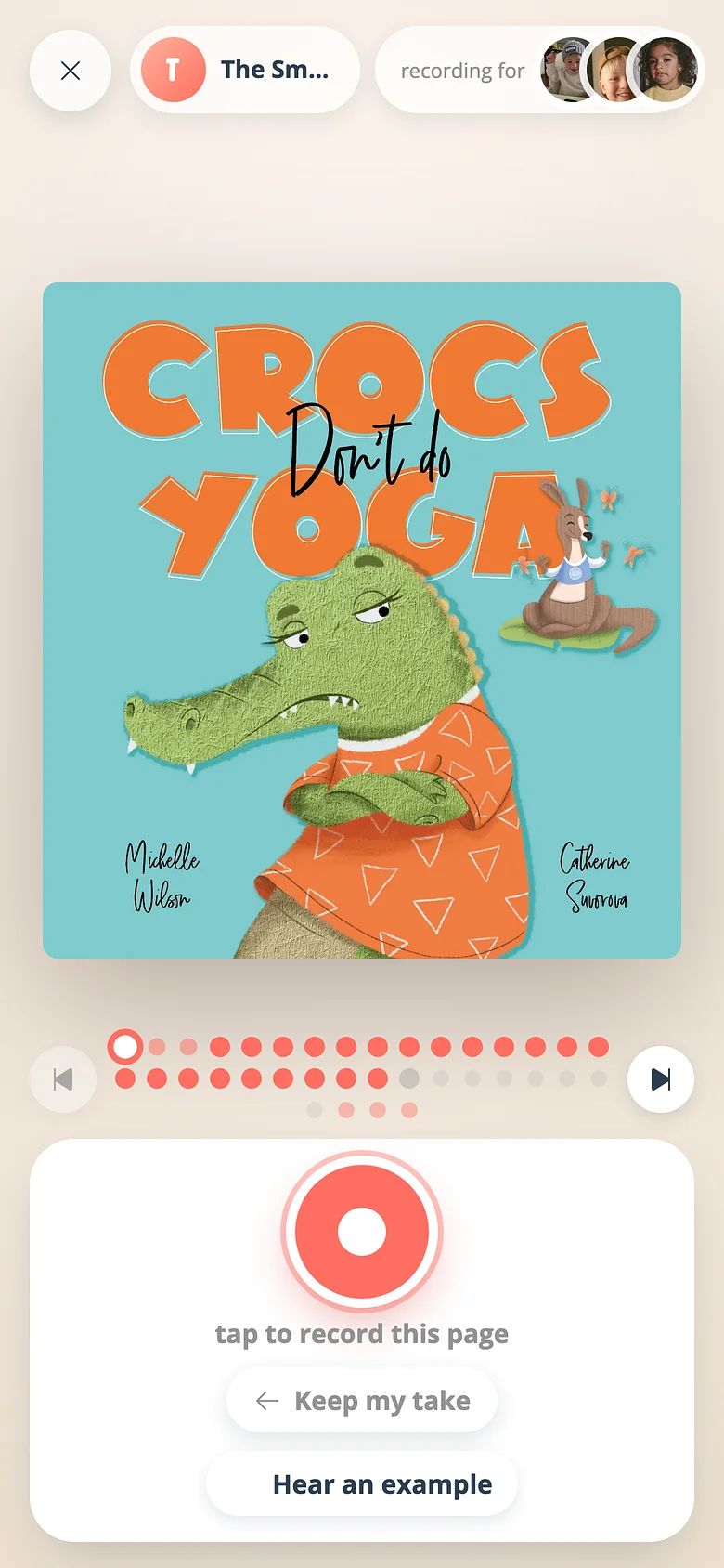The Voicebooks recording studio showing a book page, the record button and the page dots