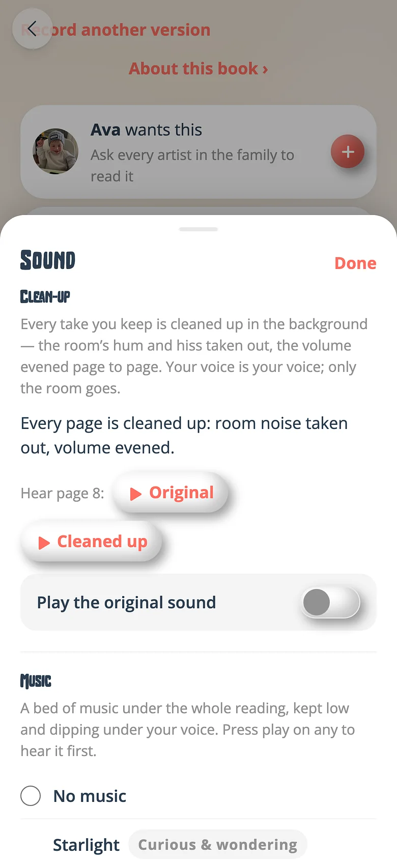 The sound sheet for a Voicebooks recording, choosing background music and Voice Care